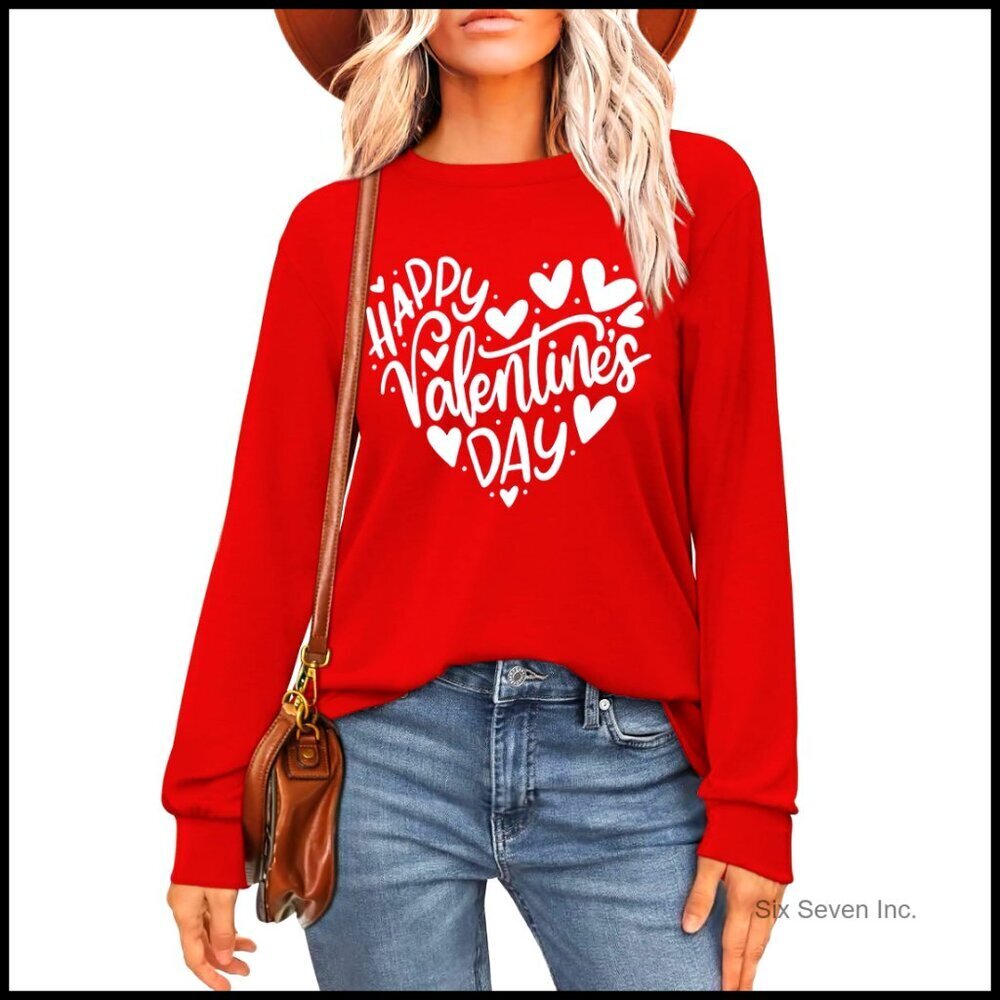Long Sleeve Love Heart Graphic Tee Cute Valentine's Day Tops Loose Fit
